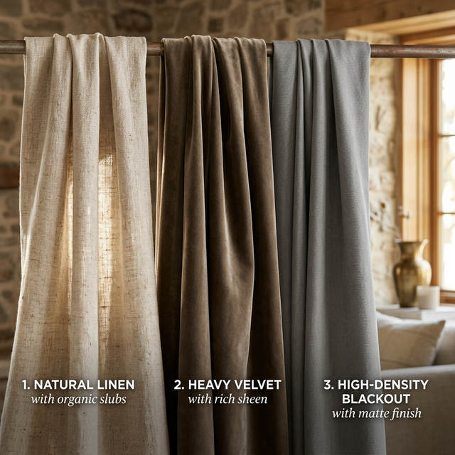 「窗簾是牆面的高級表情。」它佔據了大面積垂直視覺，決定了光線的溫度與空間的柔軟感。